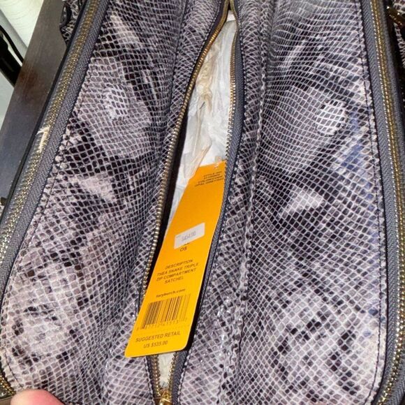 NEW Tory Burch Thea snake print 3 zip compartment purse bag satchel gray leather - Picture 7 of 9
